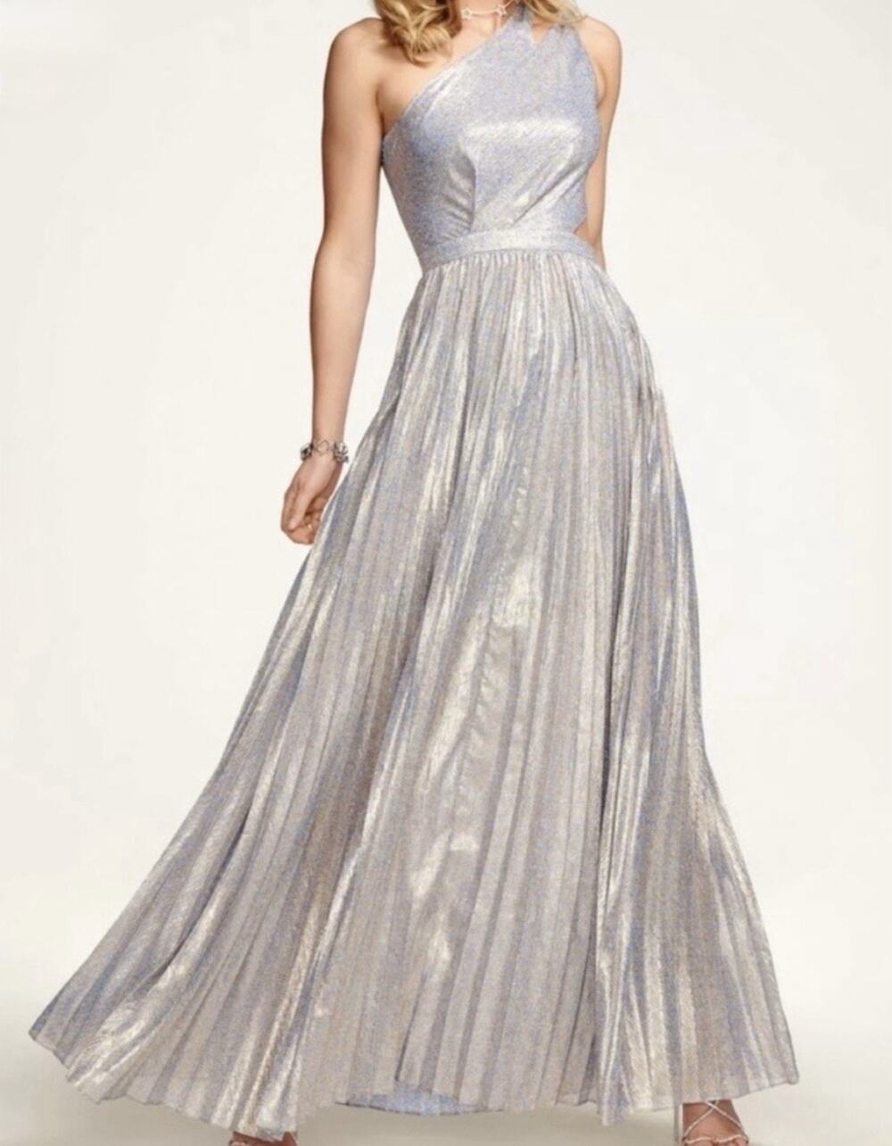 Ramy Brook Blue Metallic Roman Gown - 12 Side Cut-Out Accordion Maxi NWT $895